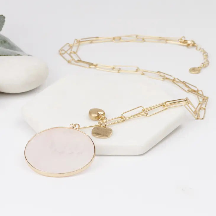 Gold Pink Round Pendant Necklace